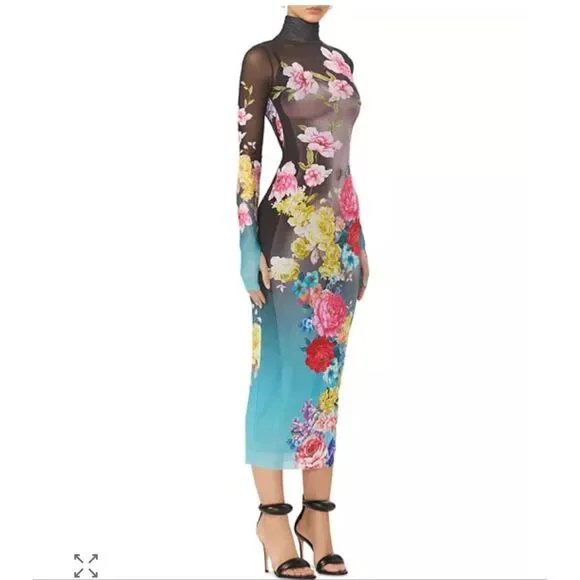 AFRM Black Aqua Rose Nude Floral Mesh Turtleneck Shailene Maxi Dress Size Small - Picture 3 of 13